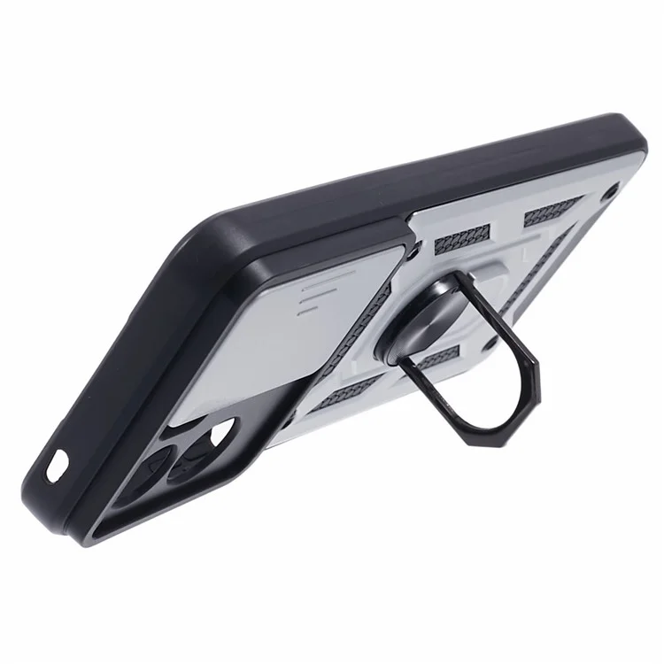 Para Honor 90 Lite 5G Funda de teléfono con protección de lente deslizante PC+TPU Soporte tipo anillo - Plata 
