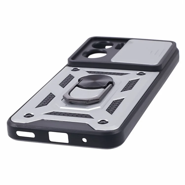 Para Honor 90 Lite 5G Funda de teléfono con protección de lente deslizante PC+TPU Soporte tipo anillo - Plata 