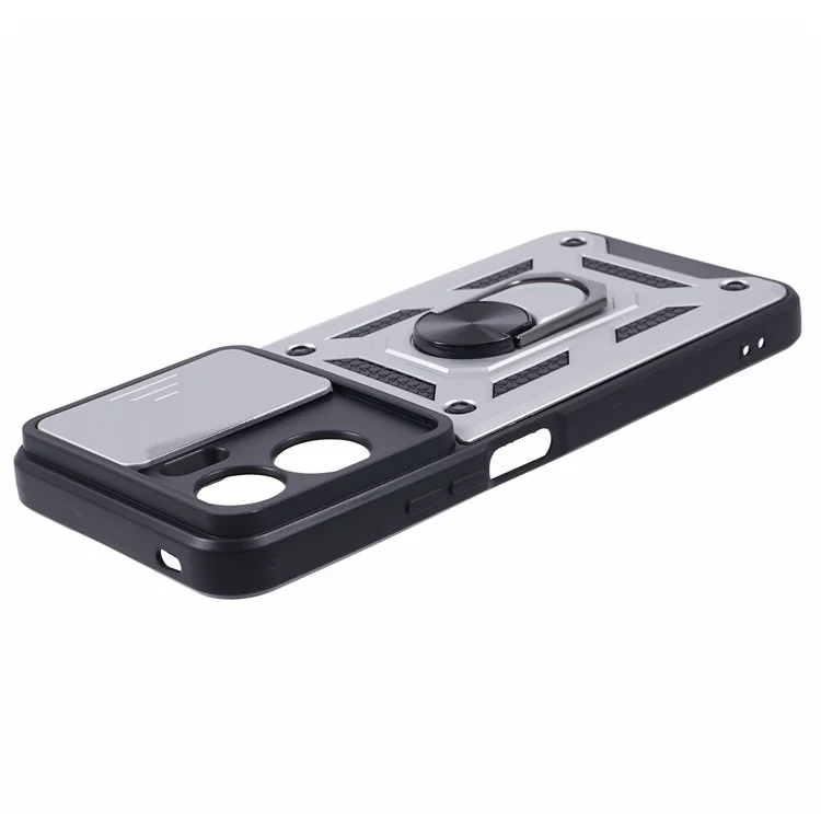 Para Honor 90 Lite 5G Funda de teléfono con protección de lente deslizante PC+TPU Soporte tipo anillo - Plata 