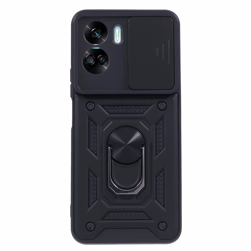 For Honor 90 Lite 5G Slide Lens Protection Phone Case PC+TPU Ring Kickstand Cover - Black