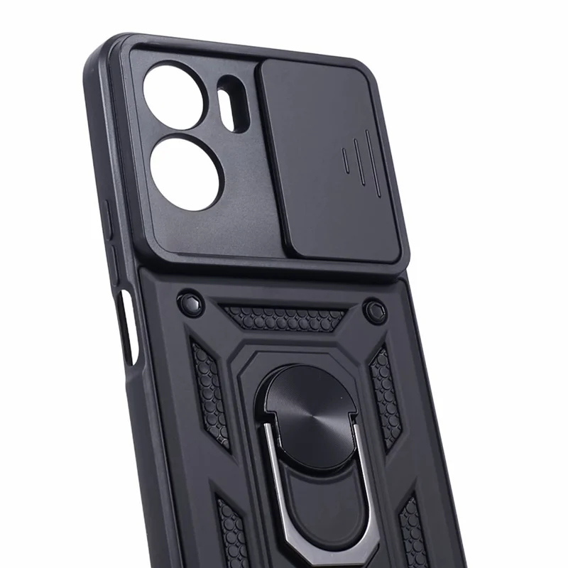 For Honor 90 Lite 5G Slide Lens Protection Phone Case PC+TPU Ring Kickstand Cover - Black