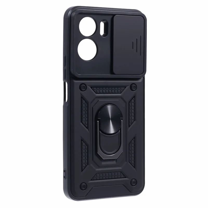 For Honor 90 Lite 5G Slide Lens Protection Phone Case PC+TPU Ring Kickstand Cover - Black