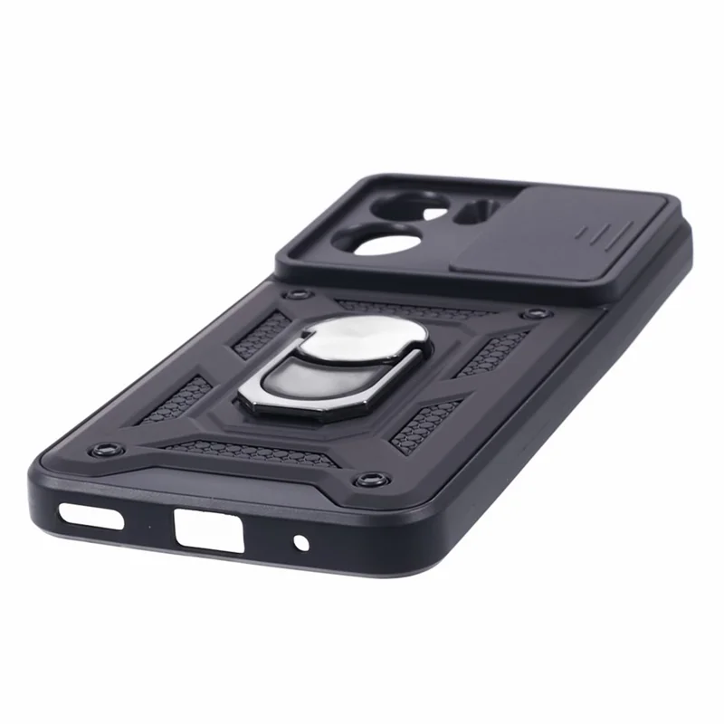 For Honor 90 Lite 5G Slide Lens Protection Phone Case PC+TPU Ring Kickstand Cover - Black