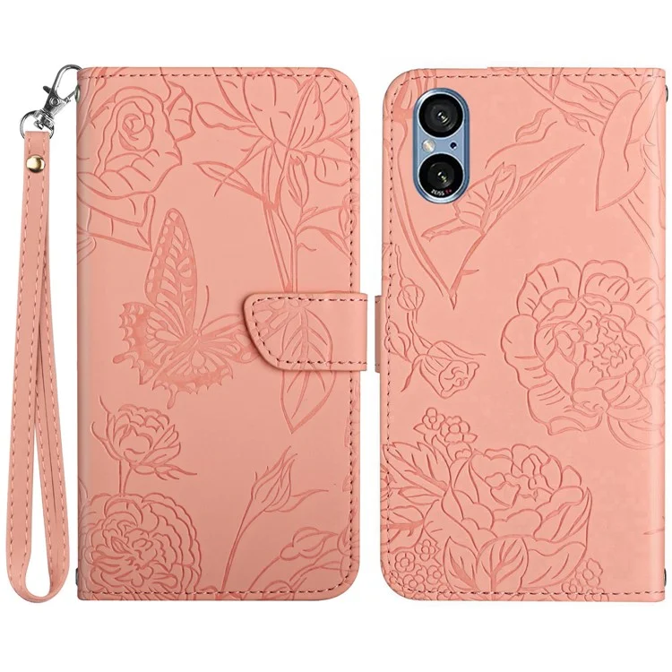 HT03 Per Sony Xperia 5 V Wallet PU Custodia Telefonica in Pelle Stampata con Fiori Supporto per Telefono con Cinturino da Polso - Rosa