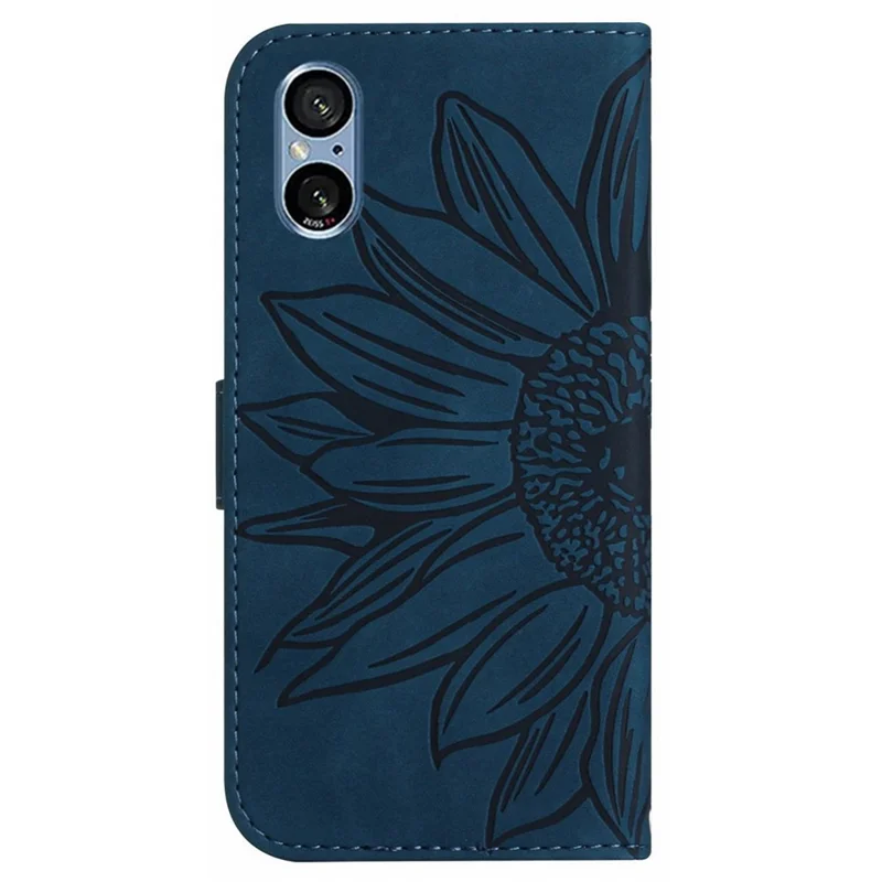 HT04 Für Sony Xperia 5 V Geldbörsen-Handyhülle aus PU-Leder mit Sonnenblumen-Prägung, Standfunktion und Handschlaufe - Dunkelblau