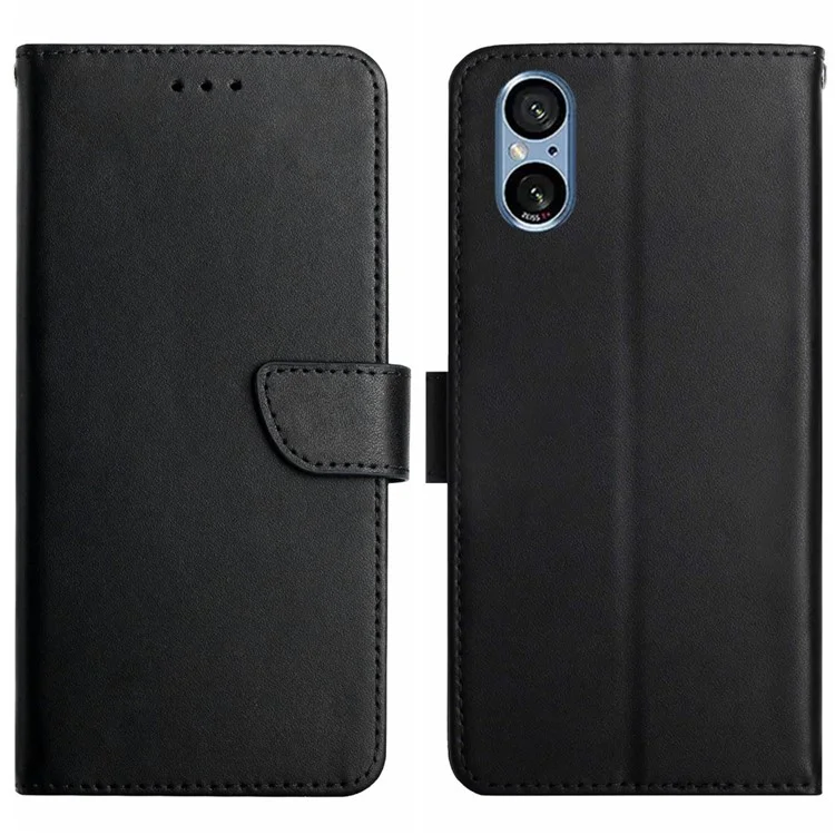 HT02 Per Sony Xperia 5 V Custodia in vera pelle bovina Foldable Stand Wallet Phone Case - Nero