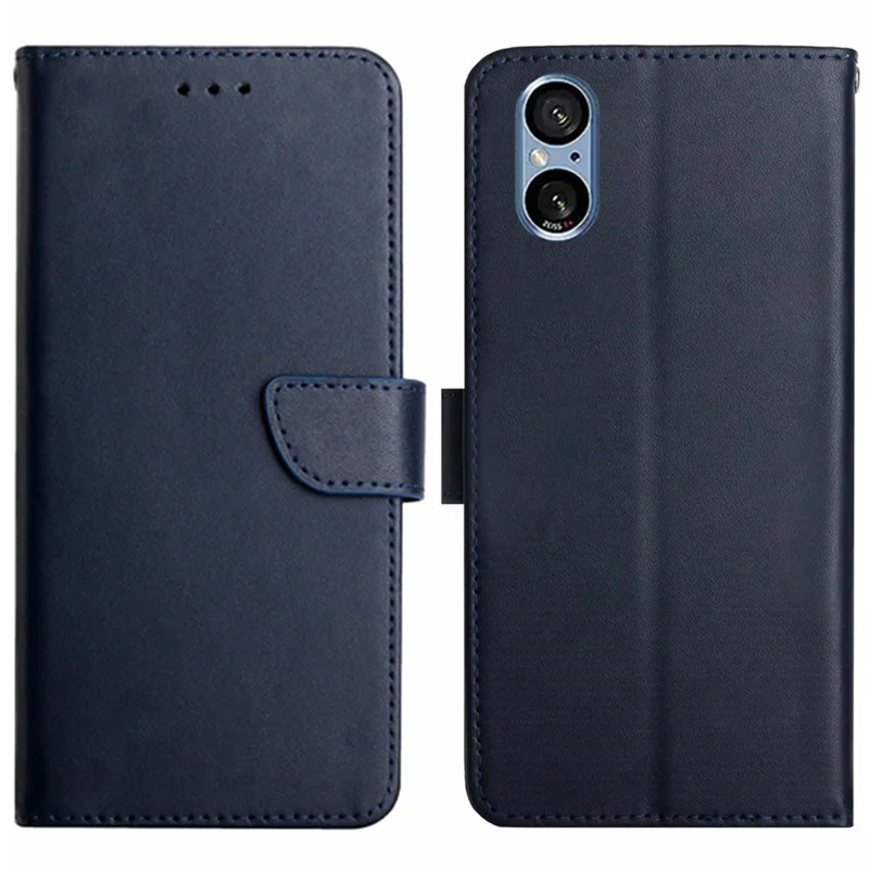 HT02 For Sony Xperia 5 V Genuine Cow Leather Phone Cover Foldable Stand Wallet Phone Case - Blue