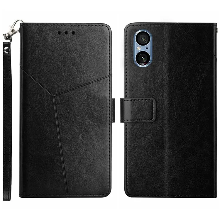 HT01 Wallet Case for Sony Xperia 5 V , PU Leather Y-shaped Line Imprinted Foldable Stand Phone Cover - Black