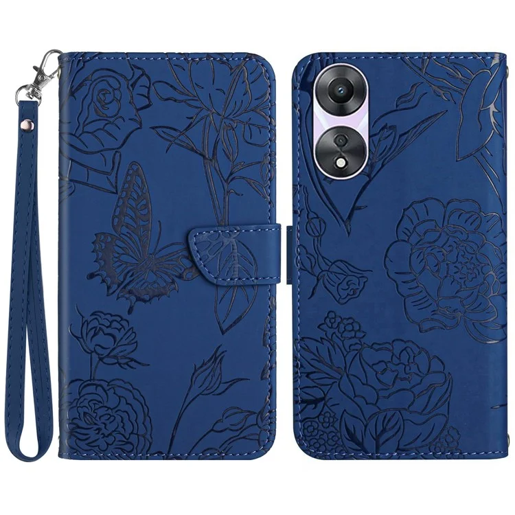 HT03 Für Oppo A58 4G Wallet PU Leder Handyhülle Ständer Prägung Blume Cover mit Handgelenkschlaufe - Blau