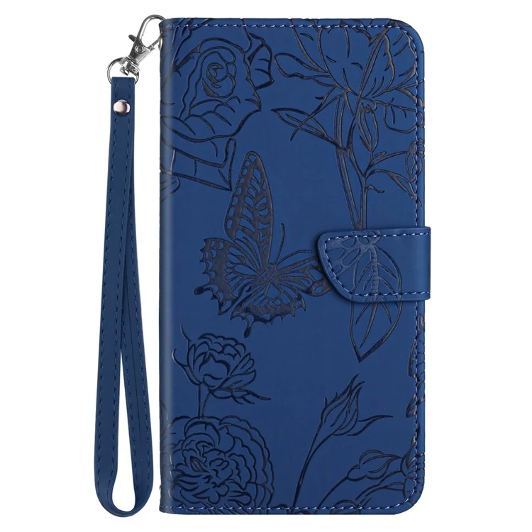 HT03 Für Oppo A58 4G Wallet PU Leder Handyhülle Ständer Prägung Blume Cover mit Handgelenkschlaufe - Blau