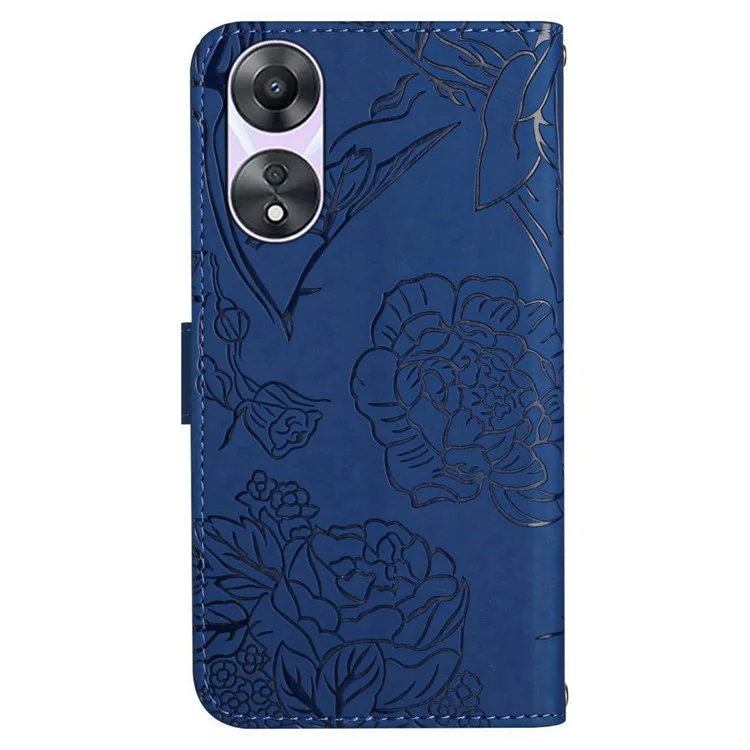 HT03 Für Oppo A58 4G Wallet PU Leder Handyhülle Ständer Prägung Blume Cover mit Handgelenkschlaufe - Blau