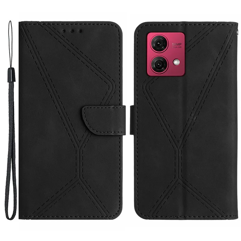 HT05 For Motorola Moto G84 5G PU Leather Folio Case Imprinted Line Wallet Stand Phone Cover - Black