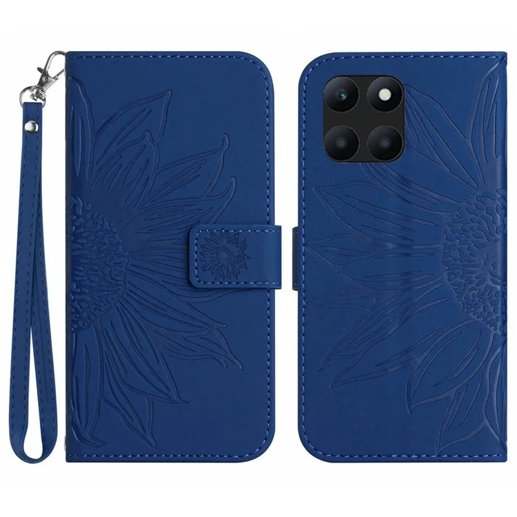 Funda tipo cartera HT04 para Honor X6a 4G, funda de piel sintética con estampado de girasol y correa, color zafiro