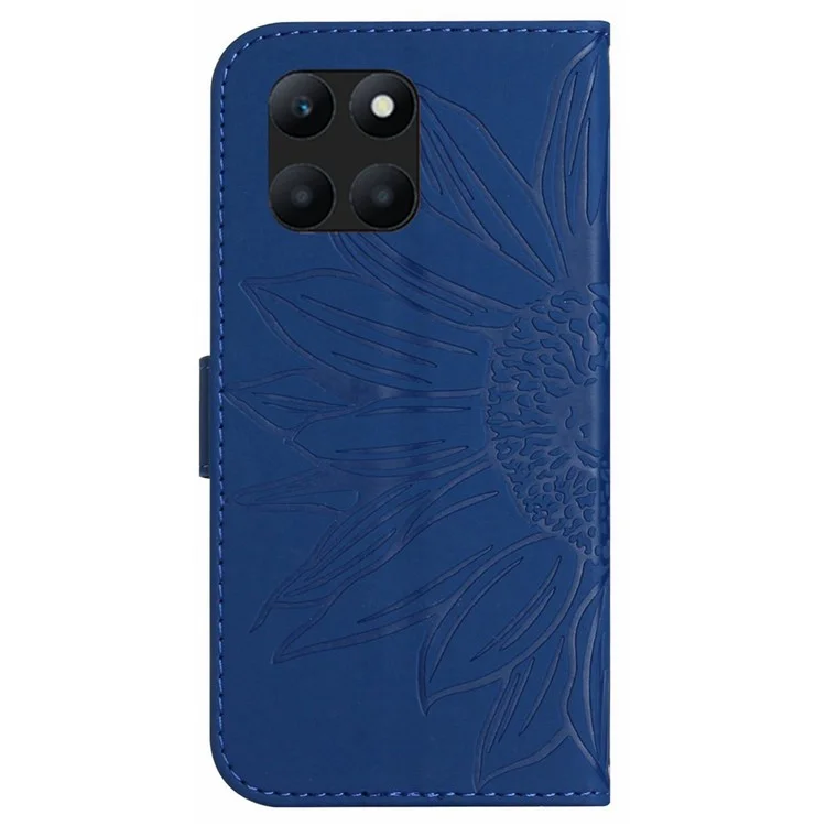 Funda tipo cartera HT04 para Honor X6a 4G, funda de piel sintética con estampado de girasol y correa, color zafiro