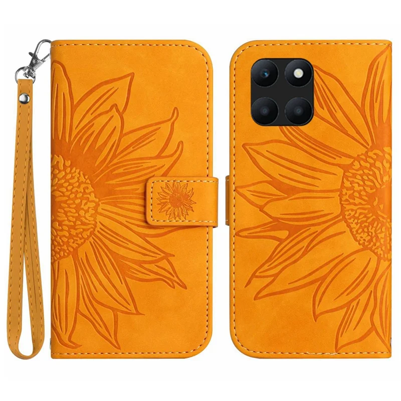 HT04 Wallet Case for Honor X6a 4G , Stand PU Leather Sunflower Imprinted Phone Cover with Hand Strap - Yellow
