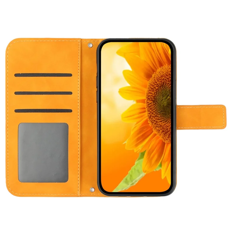 HT04 Wallet Case for Honor X6a 4G , Stand PU Leather Sunflower Imprinted Phone Cover with Hand Strap - Yellow