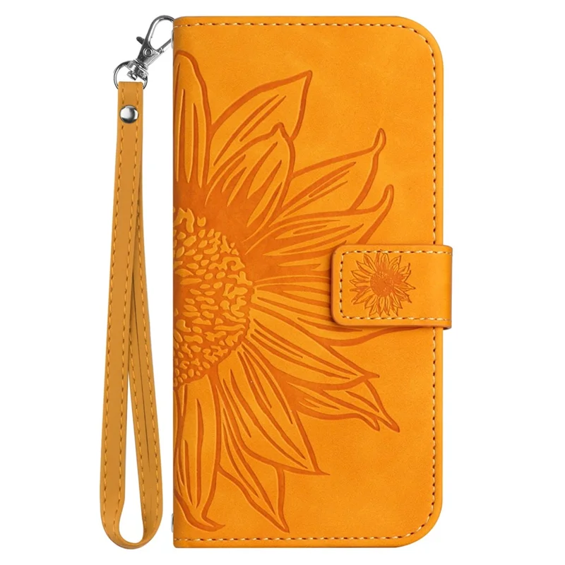 HT04 Wallet Case for Honor X6a 4G , Stand PU Leather Sunflower Imprinted Phone Cover with Hand Strap - Yellow