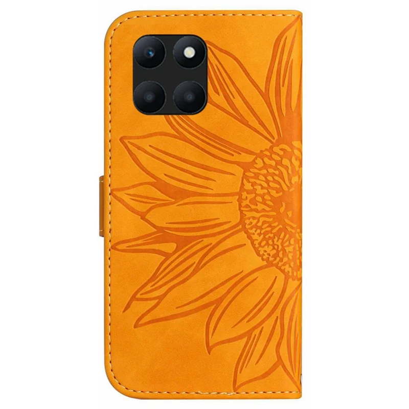 HT04 Wallet Case for Honor X6a 4G , Stand PU Leather Sunflower Imprinted Phone Cover with Hand Strap - Yellow