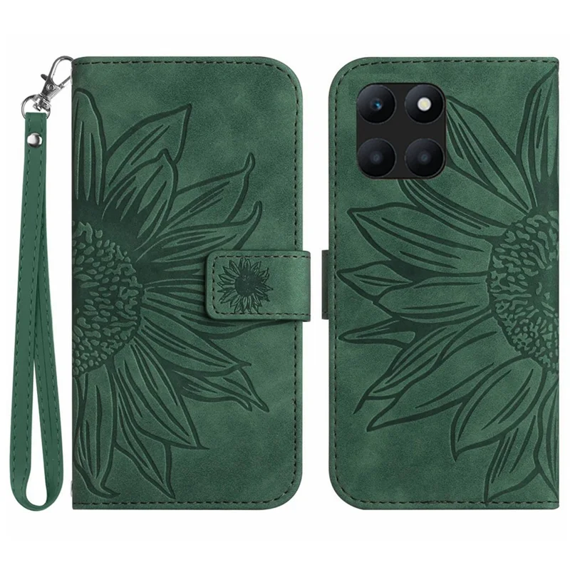 HT04 Wallet Case for Honor X6a 4G , Stand PU Leather Sunflower Imprinted Phone Cover with Hand Strap - Dark Green