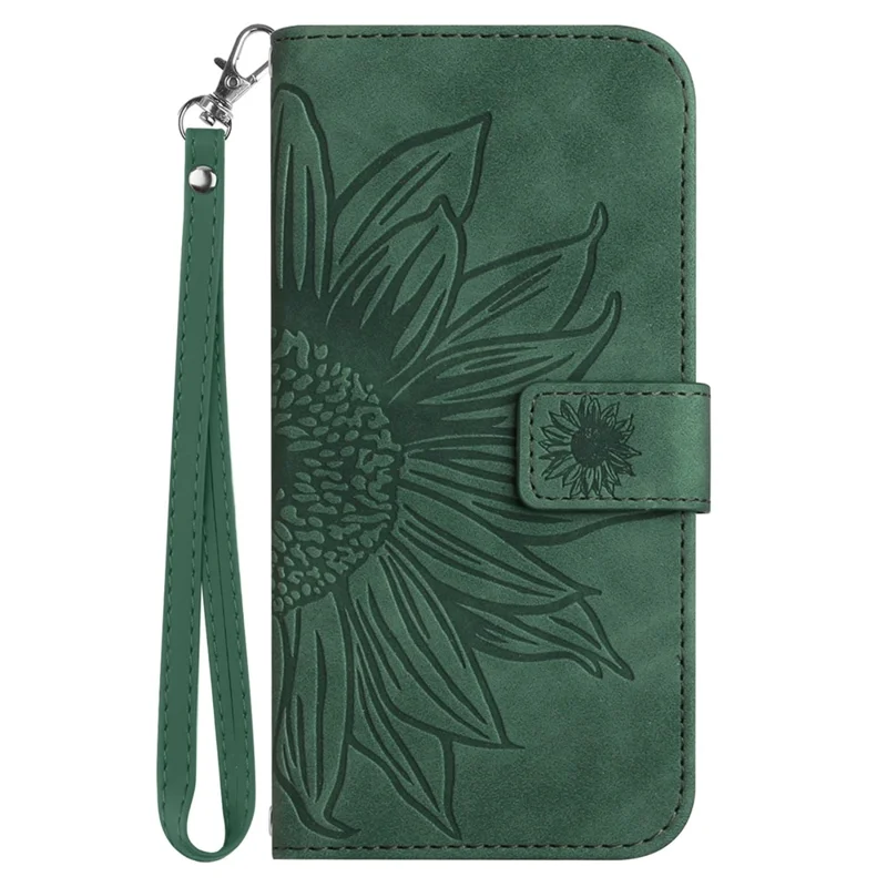 HT04 Wallet Case for Honor X6a 4G , Stand PU Leather Sunflower Imprinted Phone Cover with Hand Strap - Dark Green