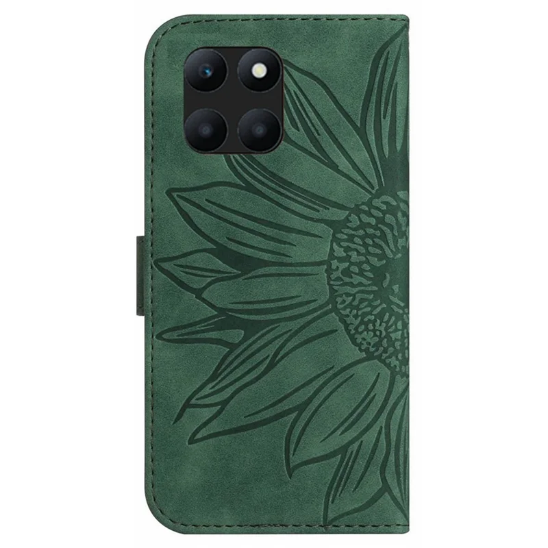 HT04 Wallet Case for Honor X6a 4G , Stand PU Leather Sunflower Imprinted Phone Cover with Hand Strap - Dark Green
