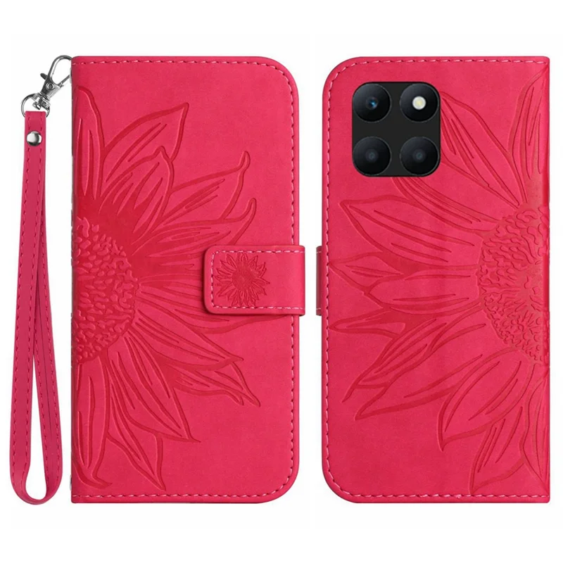 HT04 Wallet Case for Honor X6a 4G , Stand PU Leather Sunflower Imprinted Phone Cover with Hand Strap - Rose