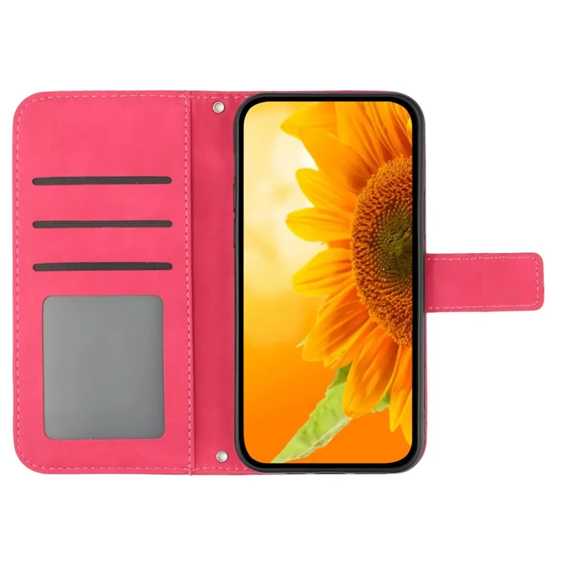 HT04 Wallet Case for Honor X6a 4G , Stand PU Leather Sunflower Imprinted Phone Cover with Hand Strap - Rose