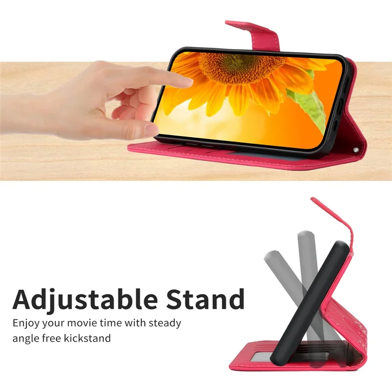 HT04 Wallet Case for Honor X6a 4G , Stand PU Leather Sunflower Imprinted Phone Cover with Hand Strap - Rose