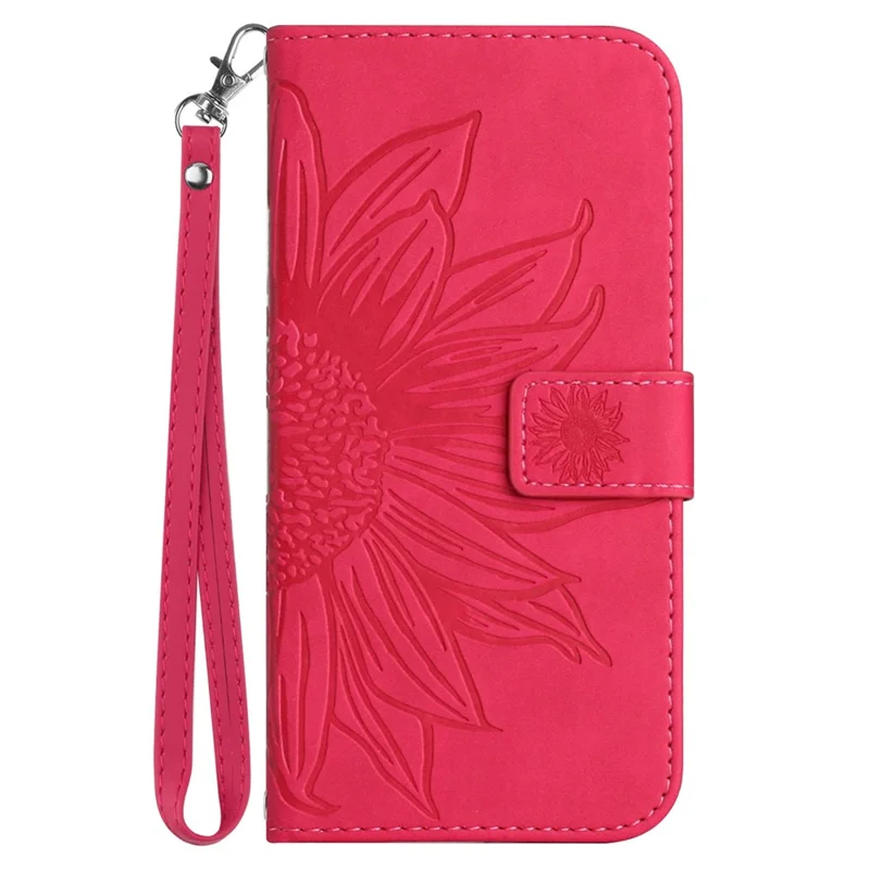 HT04 Wallet Case for Honor X6a 4G , Stand PU Leather Sunflower Imprinted Phone Cover with Hand Strap - Rose