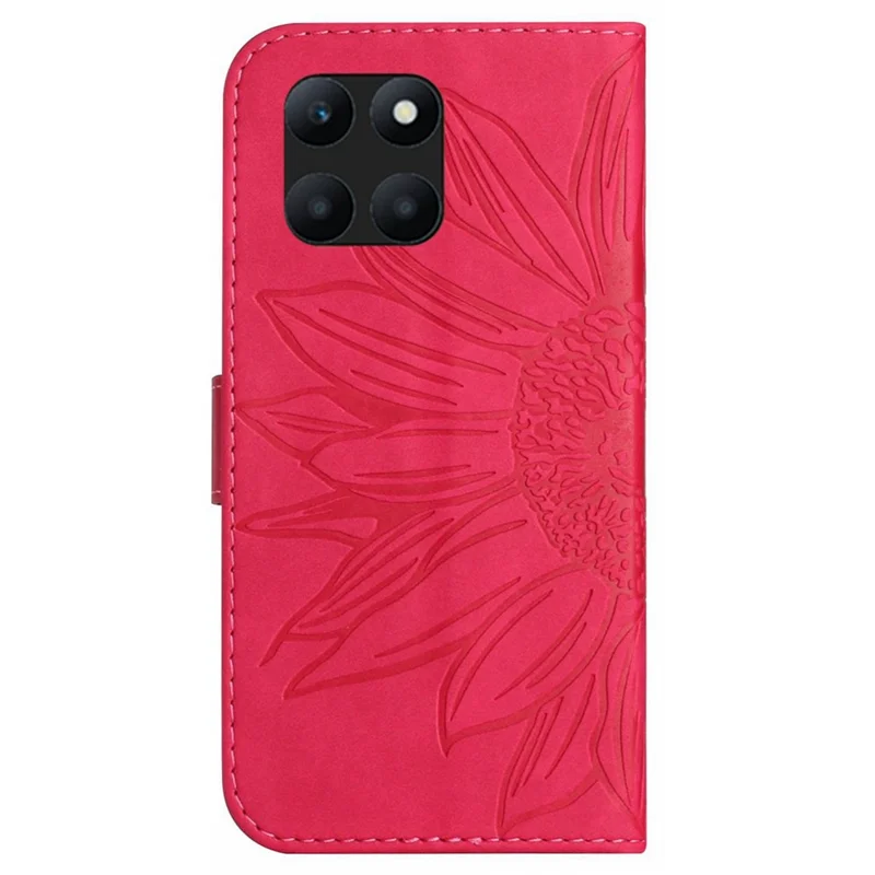 HT04 Wallet Case for Honor X6a 4G , Stand PU Leather Sunflower Imprinted Phone Cover with Hand Strap - Rose
