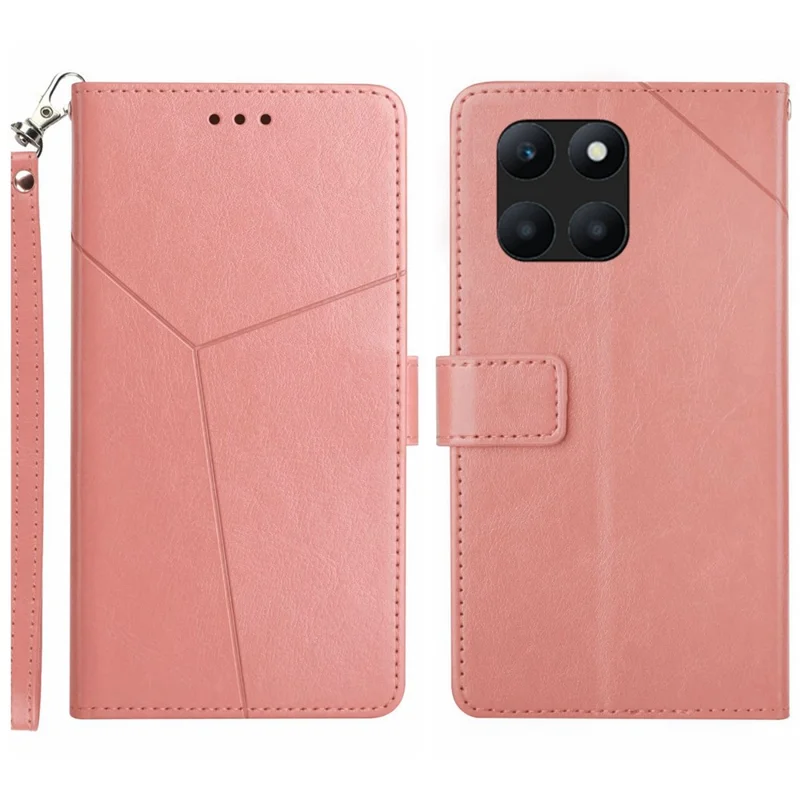 HT01 Wallet Case for Honor X6a 4G , Y-shaped Line Imprinted Stand Phone Cover PU Leather Shell - Pink