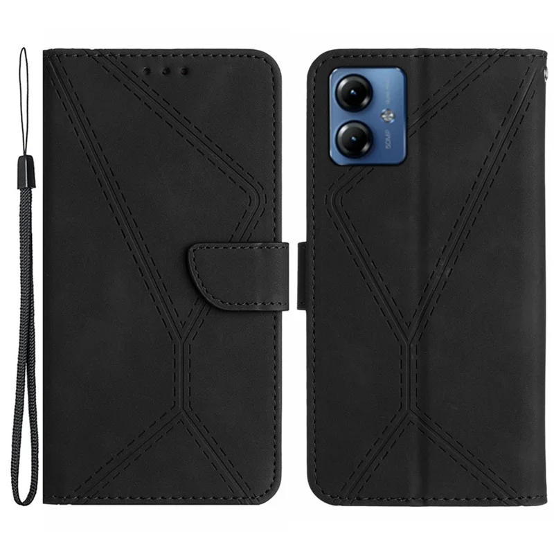HT05 For Motorola Moto G54 5G PU Leather Stand Wallet Case Imprinted Line Flip Protective Phone Cover - Black