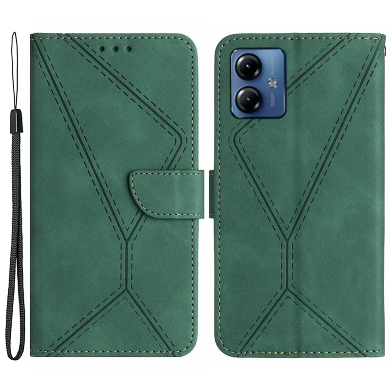 HT05 For Motorola Moto G54 5G PU Leather Stand Wallet Case Imprinted Line Flip Protective Phone Cover - Green