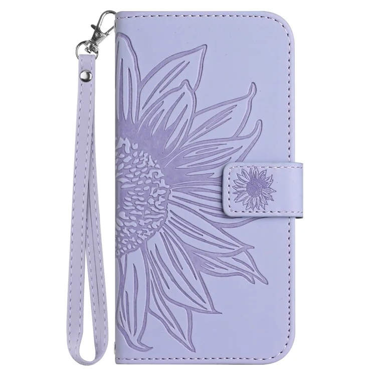 HT04 Pour Motorola Moto G54 5G Stand Wallet Cover PU Leather Sunflower Imprinted Phone Case with Hand Strap - Light Purple
