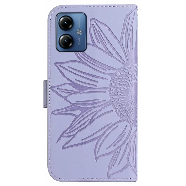 HT04 Pour Motorola Moto G54 5G Stand Wallet Cover PU Leather Sunflower Imprinted Phone Case with Hand Strap - Light Purple