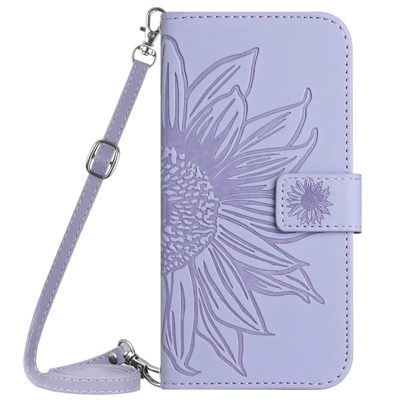 HT04 For Motorola Moto G54 5G PU Leather Phone Case Wallet Stand Sunflower Imprinted Folio Cover with Shoulder Strap - Light Purple
