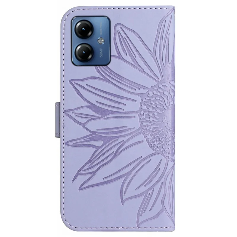 HT04 For Motorola Moto G54 5G PU Leather Phone Case Wallet Stand Sunflower Imprinted Folio Cover with Shoulder Strap - Light Purple
