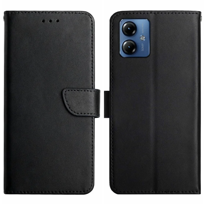 HT02 For Motorola Moto G54 5G Genuine Cow Leather Phone Cover Stand Wallet Anti-drop Case - Black