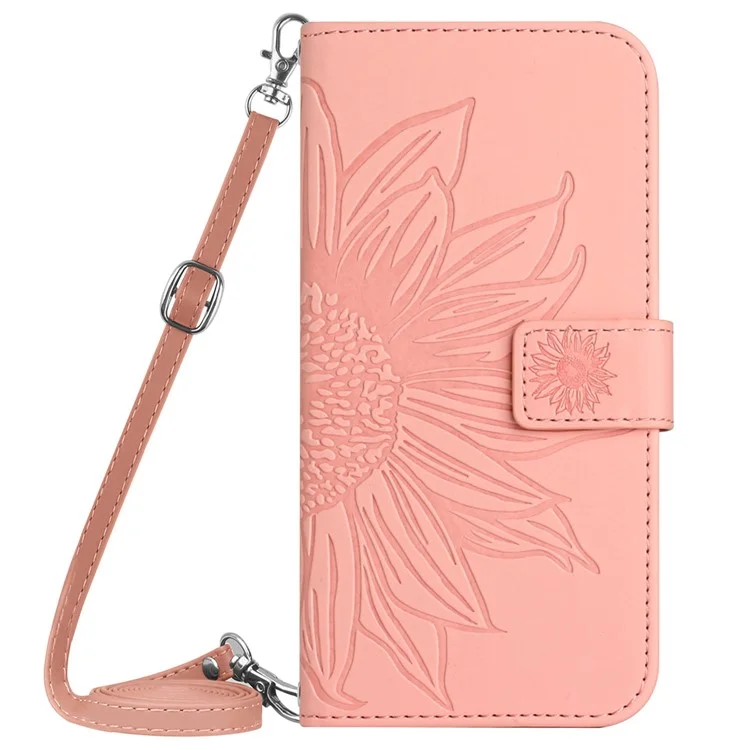 HT04 For Motorola Moto G84 5G Sunflower Imprinted PU Leather Case Wallet Stand Flip Phone Cover with Shoulder Strap - Light Pink