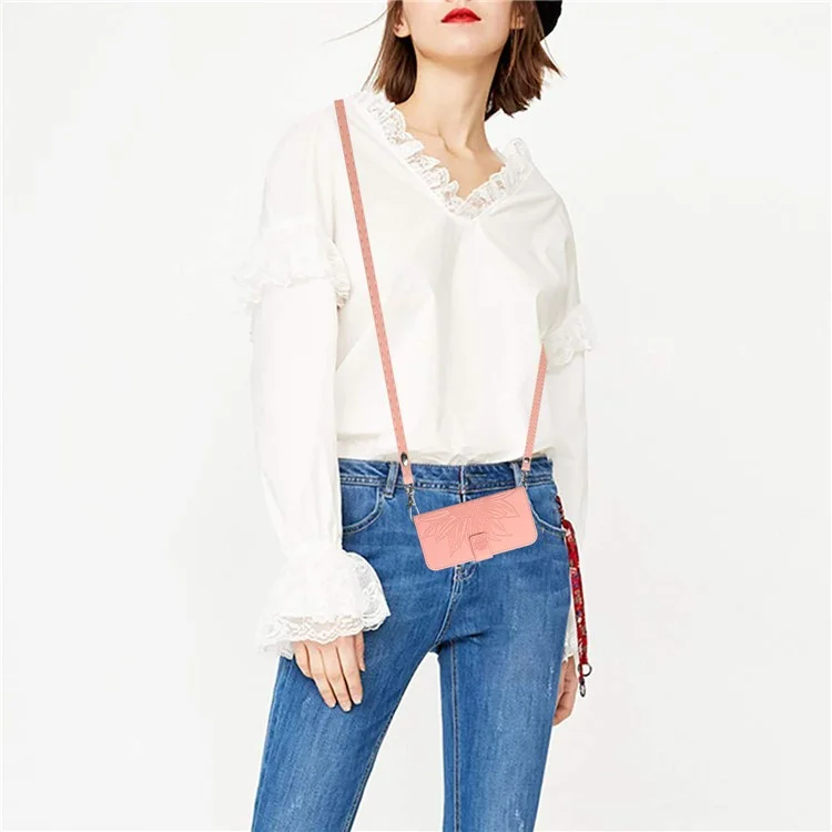 HT04 For Motorola Moto G84 5G Sunflower Imprinted PU Leather Case Wallet Stand Flip Phone Cover with Shoulder Strap - Light Pink