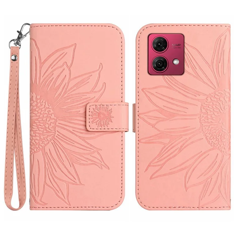 HT04 For Motorola Moto G84 5G Sunflower Imprinted Wallet Case Stand PU Leather Flip Phone Case with Hand Strap - Light Pink
