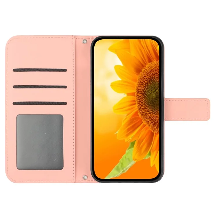 HT04 For Motorola Moto G84 5G Sunflower Imprinted Wallet Case Stand PU Leather Flip Phone Case with Hand Strap - Light Pink