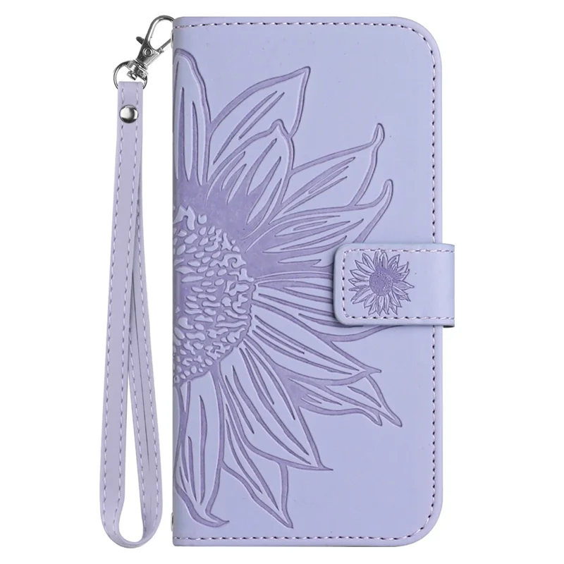 HT04 Per Motorola Moto G84 5G Sunflower Imprinted Wallet Case Stand PU Leather Flip Phone Case con Cinturino per il Polso - Viola Chiaro