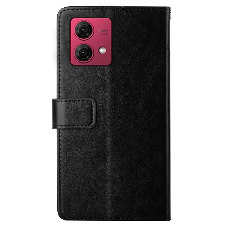HT01 Wallet Case for Motorola Moto G84 5G , Y-shaped Line Imprinted Stand Anti-drop Phone Cover PU Leather Shell - Black