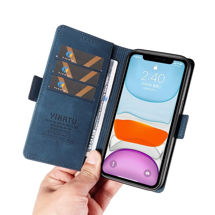 YIKATU YK-005 Capa de couro PU com proteção de carteira para iPhone 11, Skin-touch Phone Case com suporte - Azul