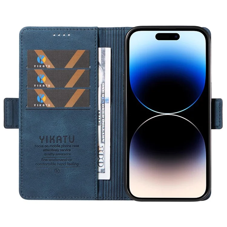 YIKATU YK-005 for iPhone 14 Pro Folio Flip Cover PU Leather Skin-touch Stand Wallet Phone Case - Blue