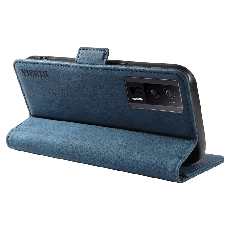 YIKATU YK-005 Étui en cuir PU pour Xiaomi Redmi K60 5G / K60 Pro 5G / Poco F5 Pro 5G, Housse de téléphone avec stand de portefeuille au toucher peau - Bleu