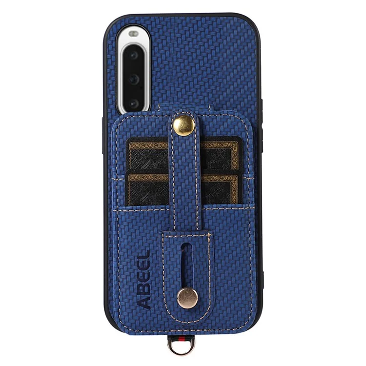 ABEEL Style 02 Carbon Fiber Texture PU+TPU Phone Case for Sony Xperia 10 V RFID Blocking Card Holder Kickstand Cover - Blue