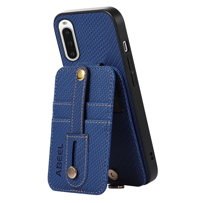 ABEEL Style 02 Carbon Fiber Texture PU+TPU Phone Case for Sony Xperia 10 V RFID Blocking Card Holder Kickstand Cover - Blue