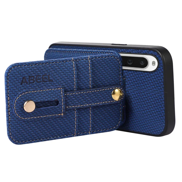 ABEEL Style 02 Carbon Fiber Texture PU+TPU Phone Case for Sony Xperia 10 V RFID Blocking Card Holder Kickstand Cover - Blue